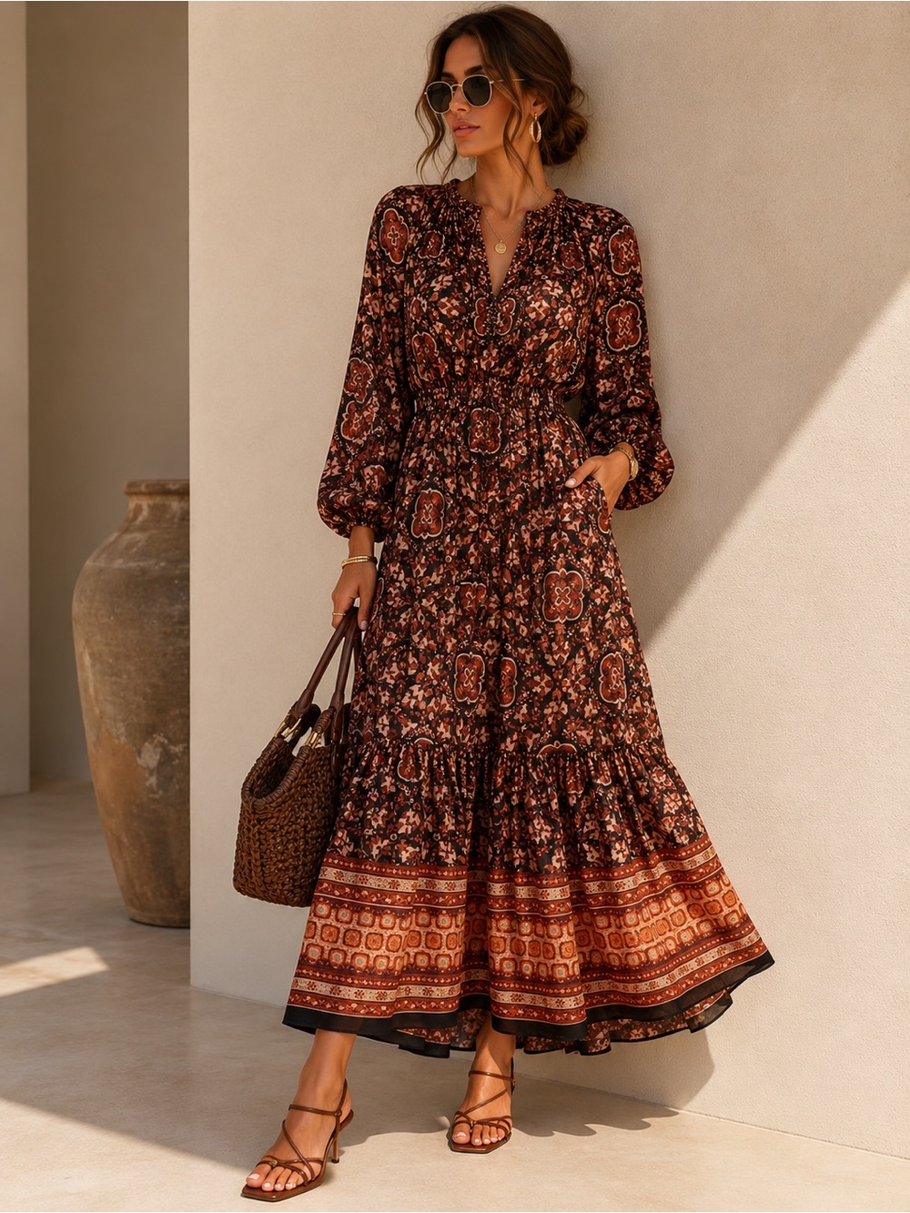 ANDREA FLORAL PRINT LONG SLEEVE MIDI DRESS IN BLACK MULTI - Picture 1 of 8